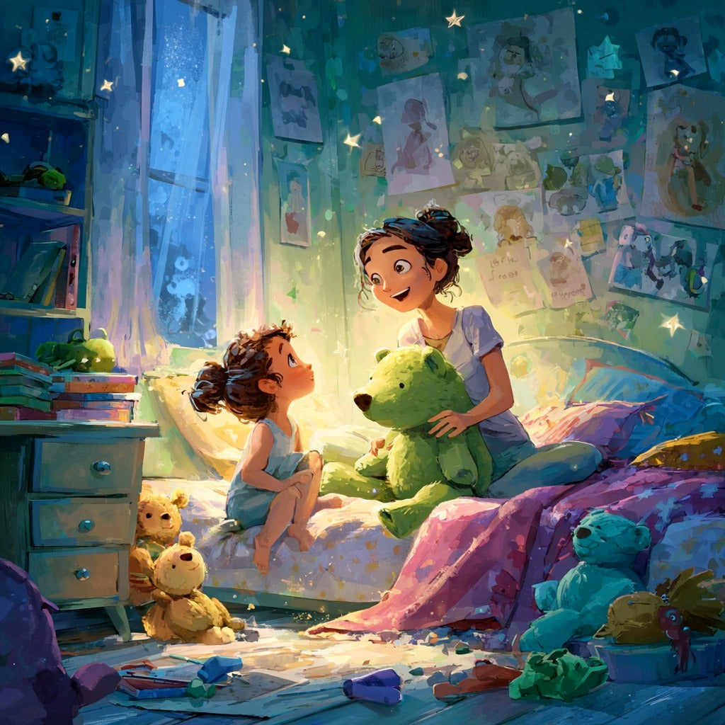 Two young girls in a bedroom with teddy bears and star decorations.